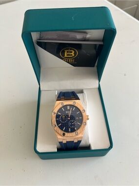 BiBi Blue Dial Gold-Tone Men's Chronograph Watch with Blue Strap